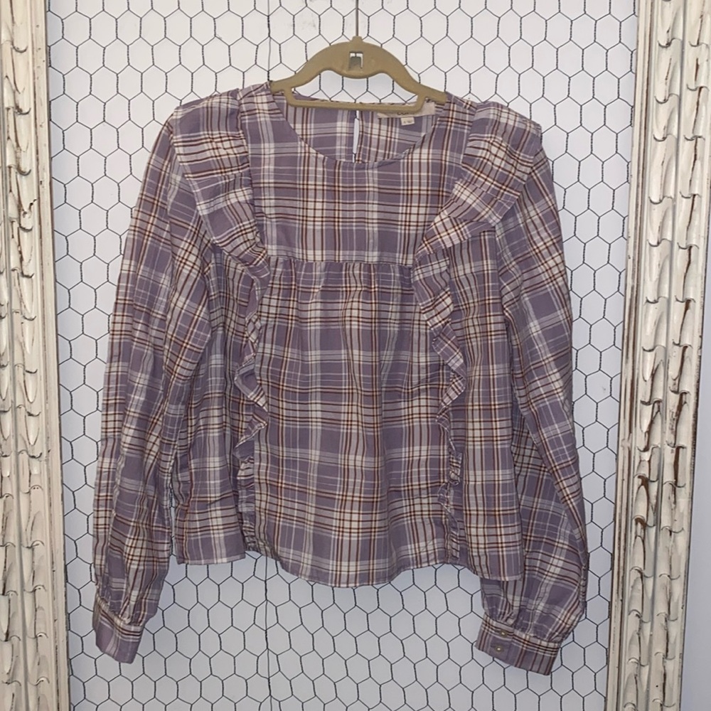 LOFT Plaid Ruffle Top - Picture 3 of 10